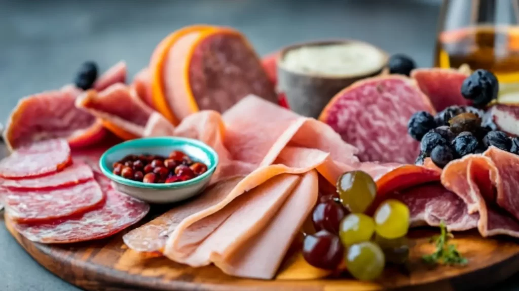Plateau de charcuterie, bois et viande